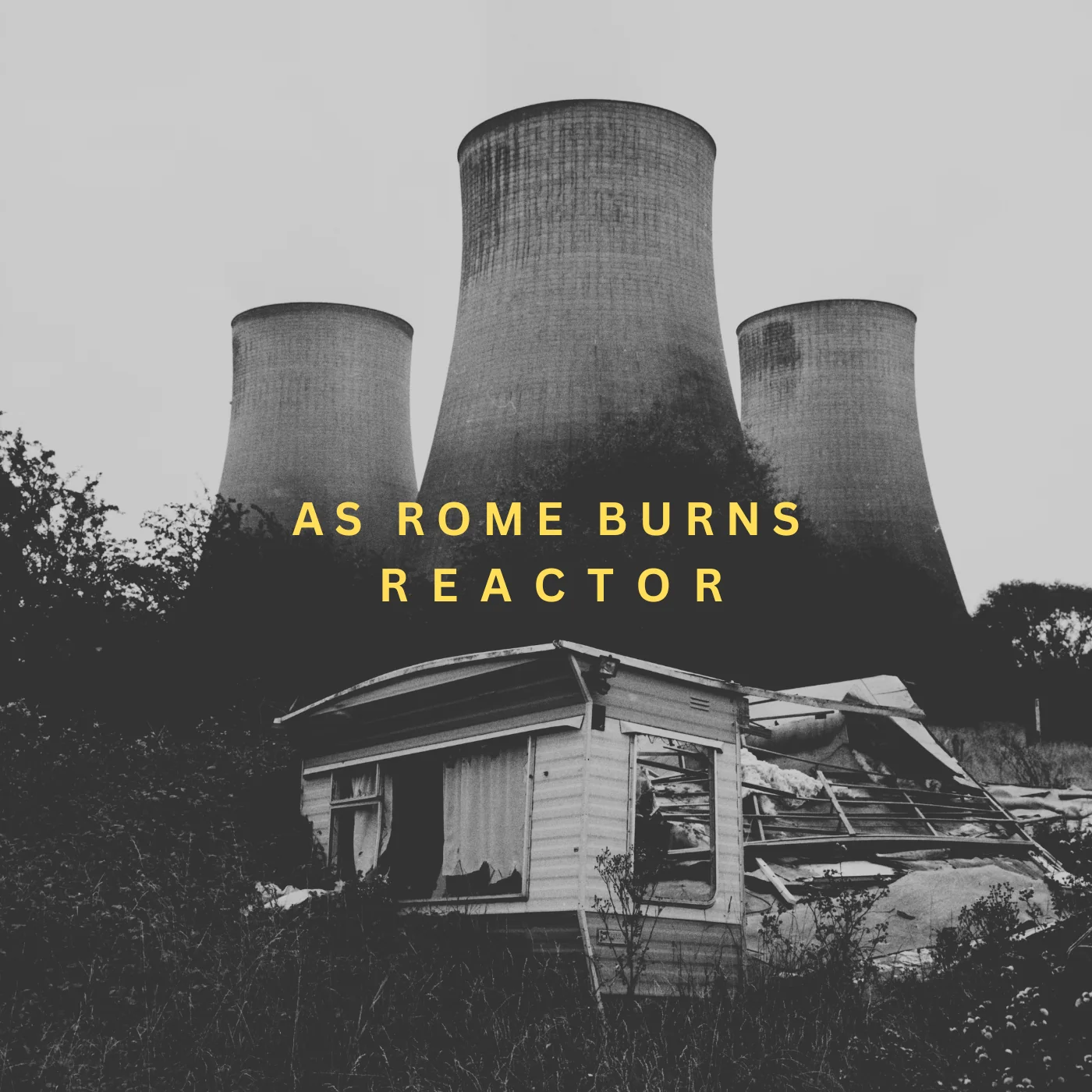 Reactor cover, cooling towers behind a derelict house