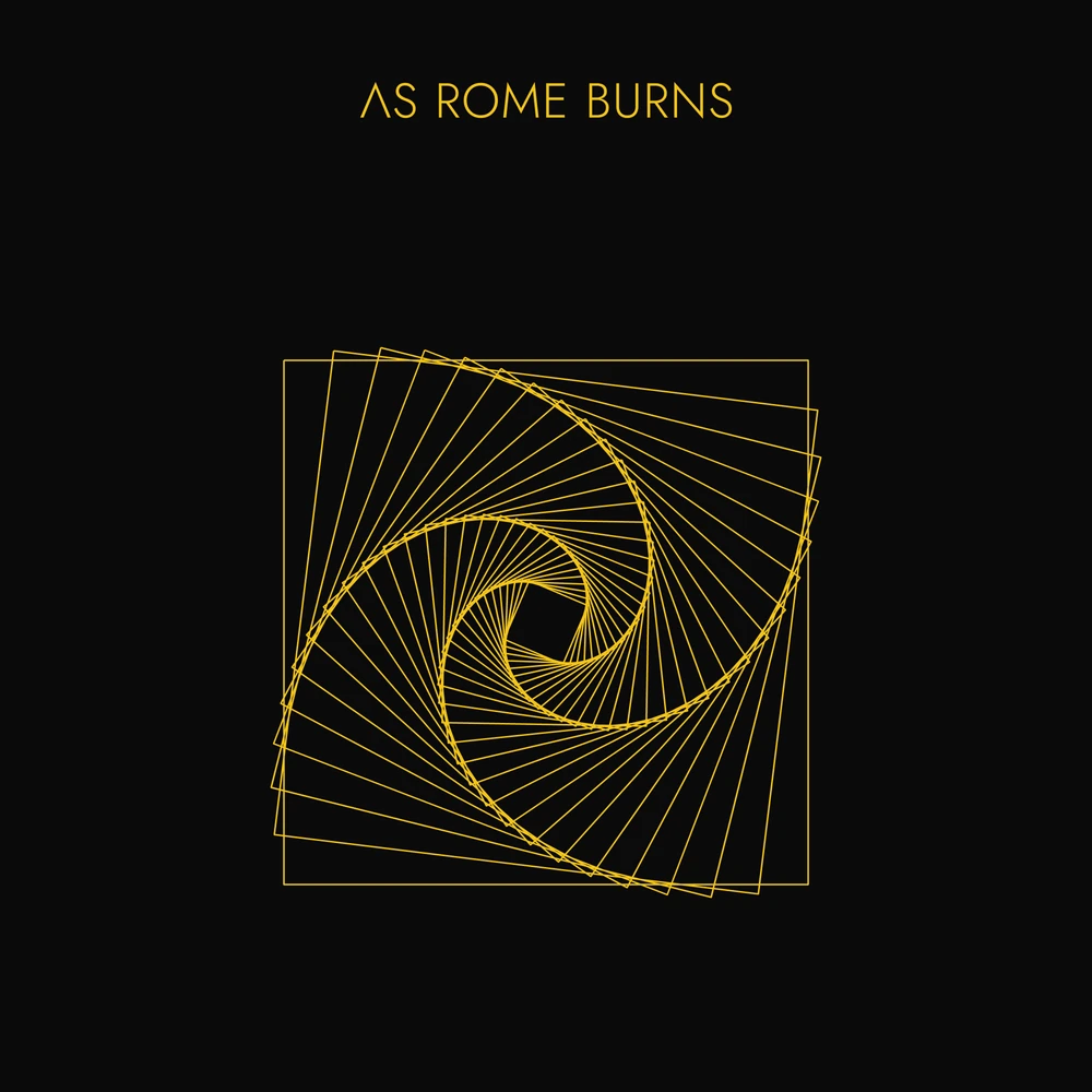 The original Spiral shirt artwork, gold geometry and the As Rome Burns wordmark on black